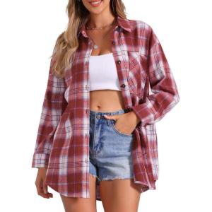 imageAllegra K Womens Plaid Shirt Long Sleeve Button Down Flannel Shirts Western Casual Work TopsDark Red