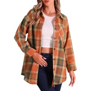 imageAllegra K Womens Plaid Shirt Long Sleeve Button Down Flannel Shirts Western Casual Work TopsOrange