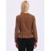 imageAllegra K Womens Peplum Denim Jackets Collarless Round Neck Button Down Cropped Ruffle Hem JacketDark Brown