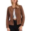 imageAllegra K Womens Peplum Denim Jackets Collarless Round Neck Button Down Cropped Ruffle Hem JacketDark Brown