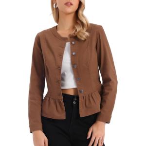 imageAllegra K Womens Peplum Denim Jackets Collarless Round Neck Button Down Cropped Ruffle Hem JacketDark Brown