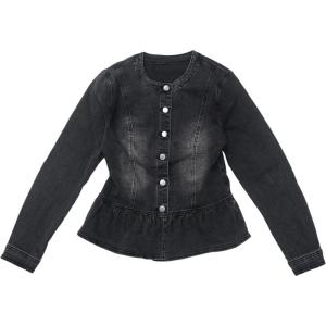 imageAllegra K Womens Peplum Denim Jackets Collarless Round Neck Button Down Cropped Ruffle Hem JacketWashed Black