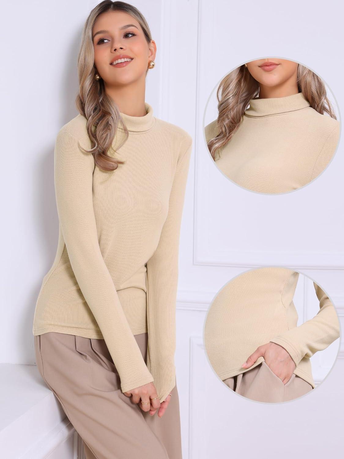 imageAllegra K Sweaters for Women Mock Turtleneck Long Sleeve Fitted Tee Casual Pullover Tops Fashion Clothes 2025 Fall OutfitsKhaki
