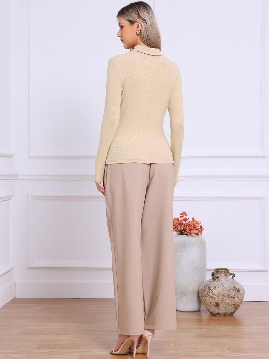 imageAllegra K Sweaters for Women Mock Turtleneck Long Sleeve Fitted Tee Casual Pullover Tops Fashion Clothes 2025 Fall OutfitsKhaki