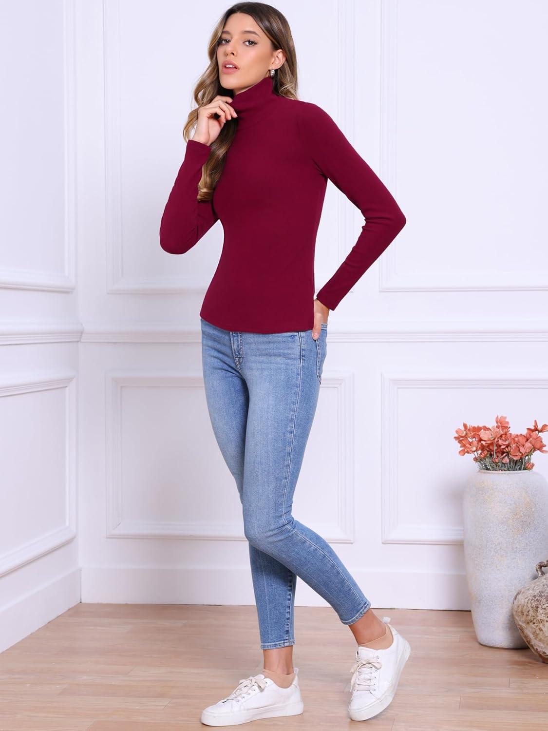 imageAllegra K Sweaters for Women Mock Turtleneck Long Sleeve Fitted Tee Casual Pullover Tops Fashion Clothes 2025 Fall OutfitsWine Red