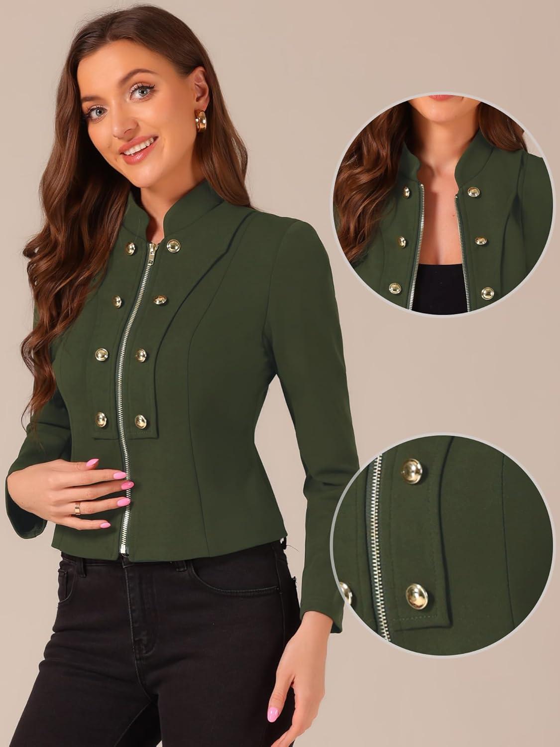 imageAllegra K Vintage Jacket for Womens Steampunk Button Decor Casual Zip Up Crop JacketArmy Green