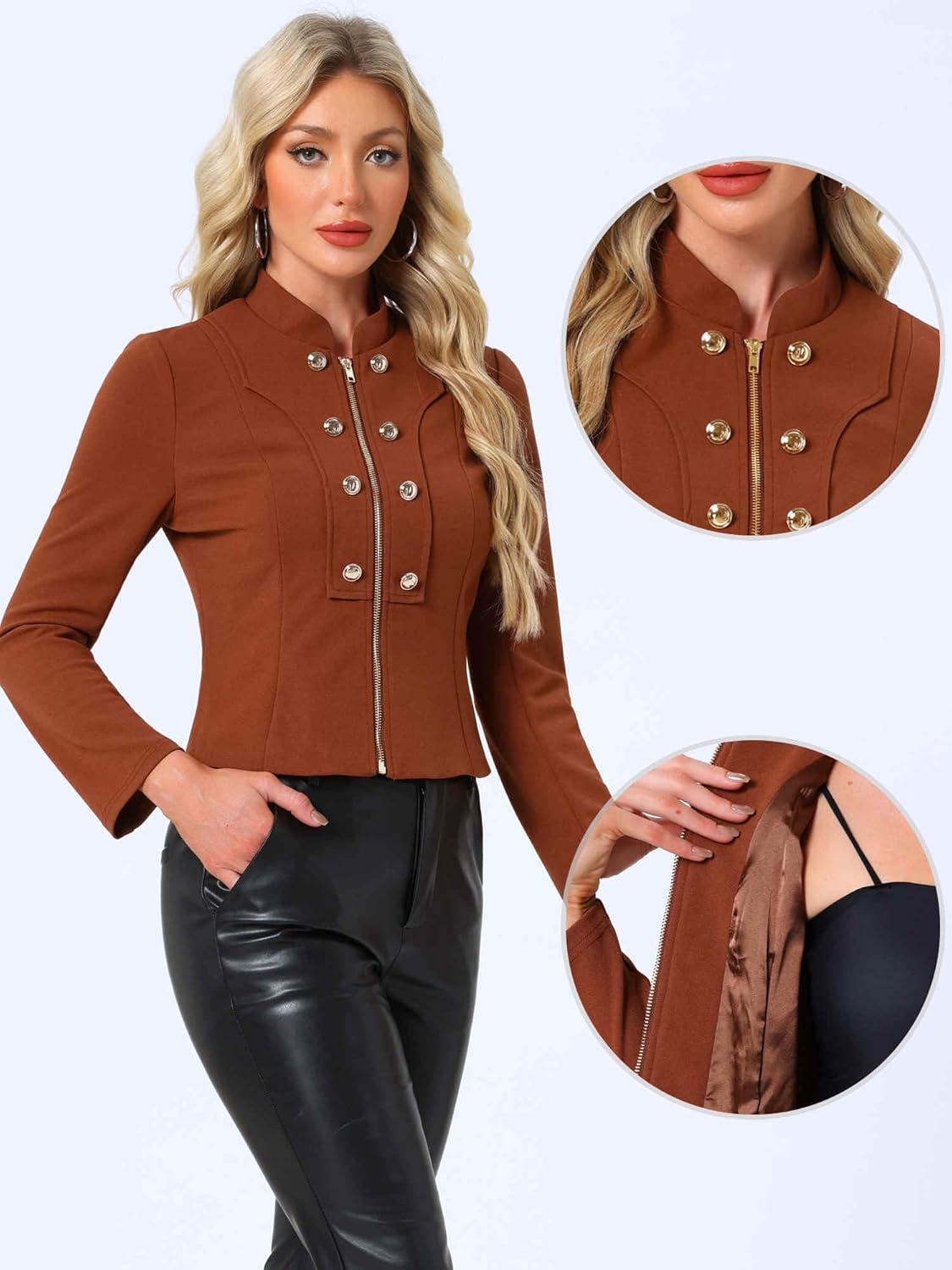 imageAllegra K Vintage Jacket for Womens Steampunk Button Decor Casual Zip Up Crop JacketBrown