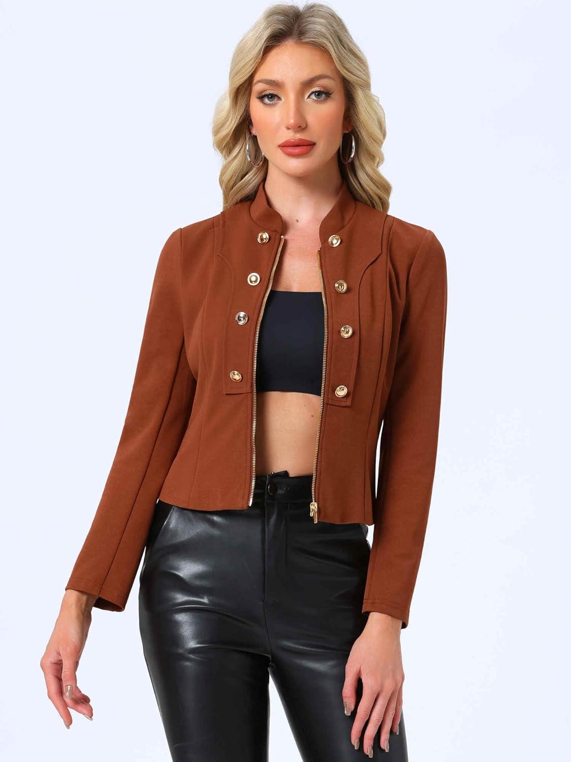 imageAllegra K Vintage Jacket for Womens Steampunk Button Decor Casual Zip Up Crop JacketBrown