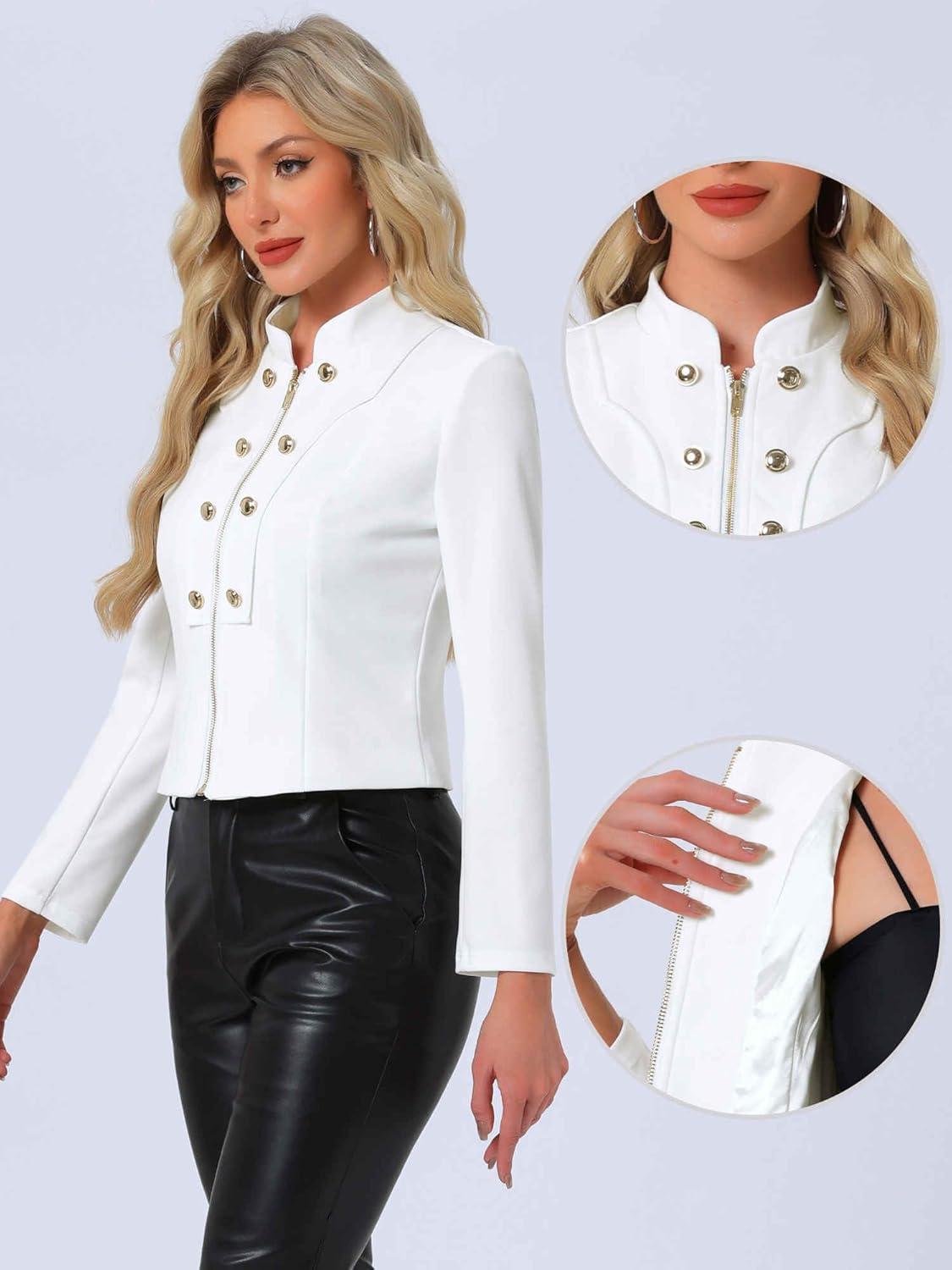 imageAllegra K Vintage Jacket for Womens Steampunk Button Decor Casual Zip Up Crop JacketWhite