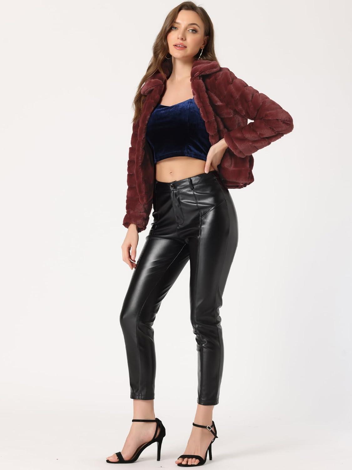 imageAllegra K Womens Faux Fur Fluffy Coat Collar 2025 Warm Winter Cropped JacketBurgundy