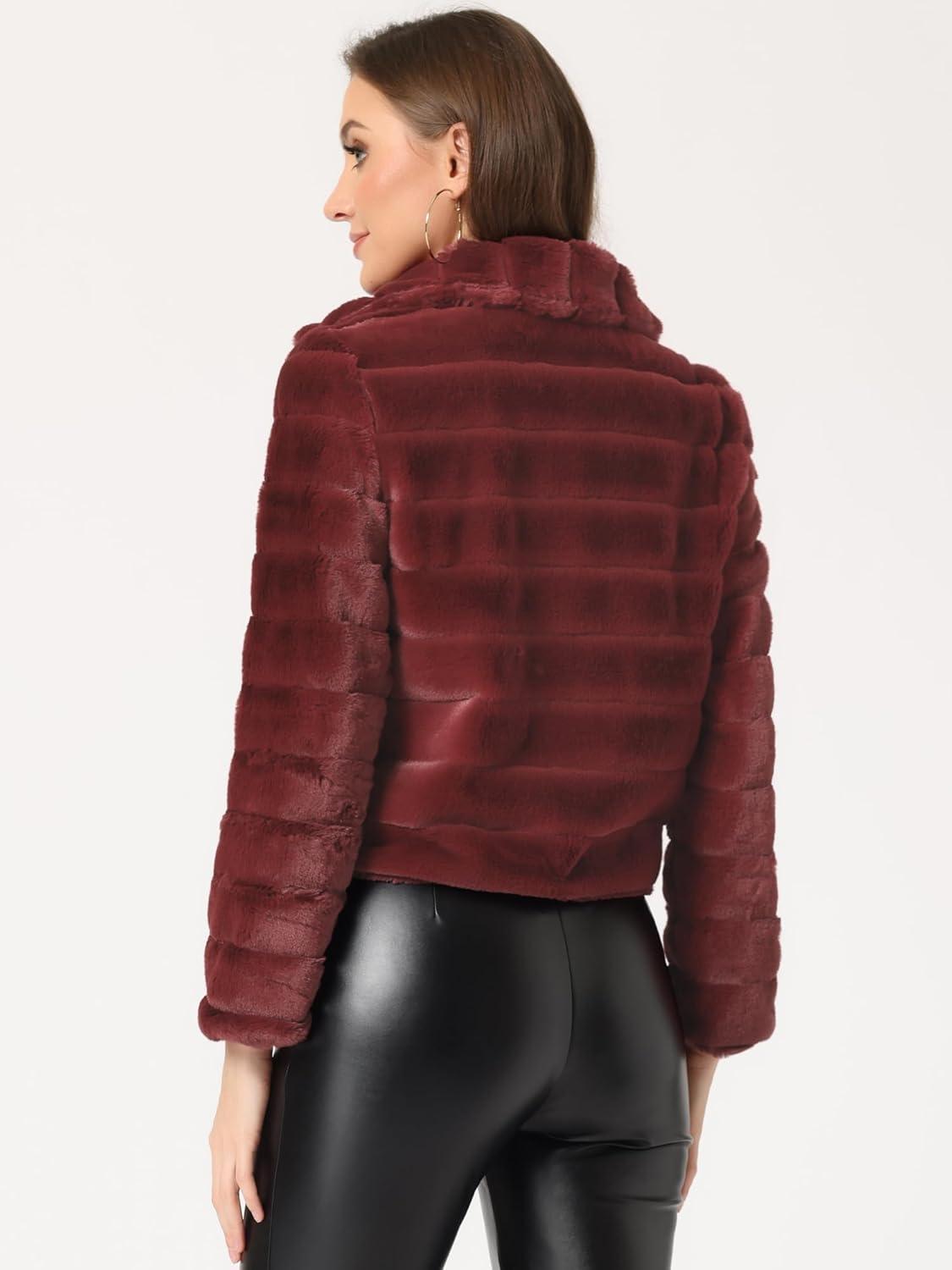 imageAllegra K Womens Faux Fur Fluffy Coat Collar 2025 Warm Winter Cropped JacketBurgundy