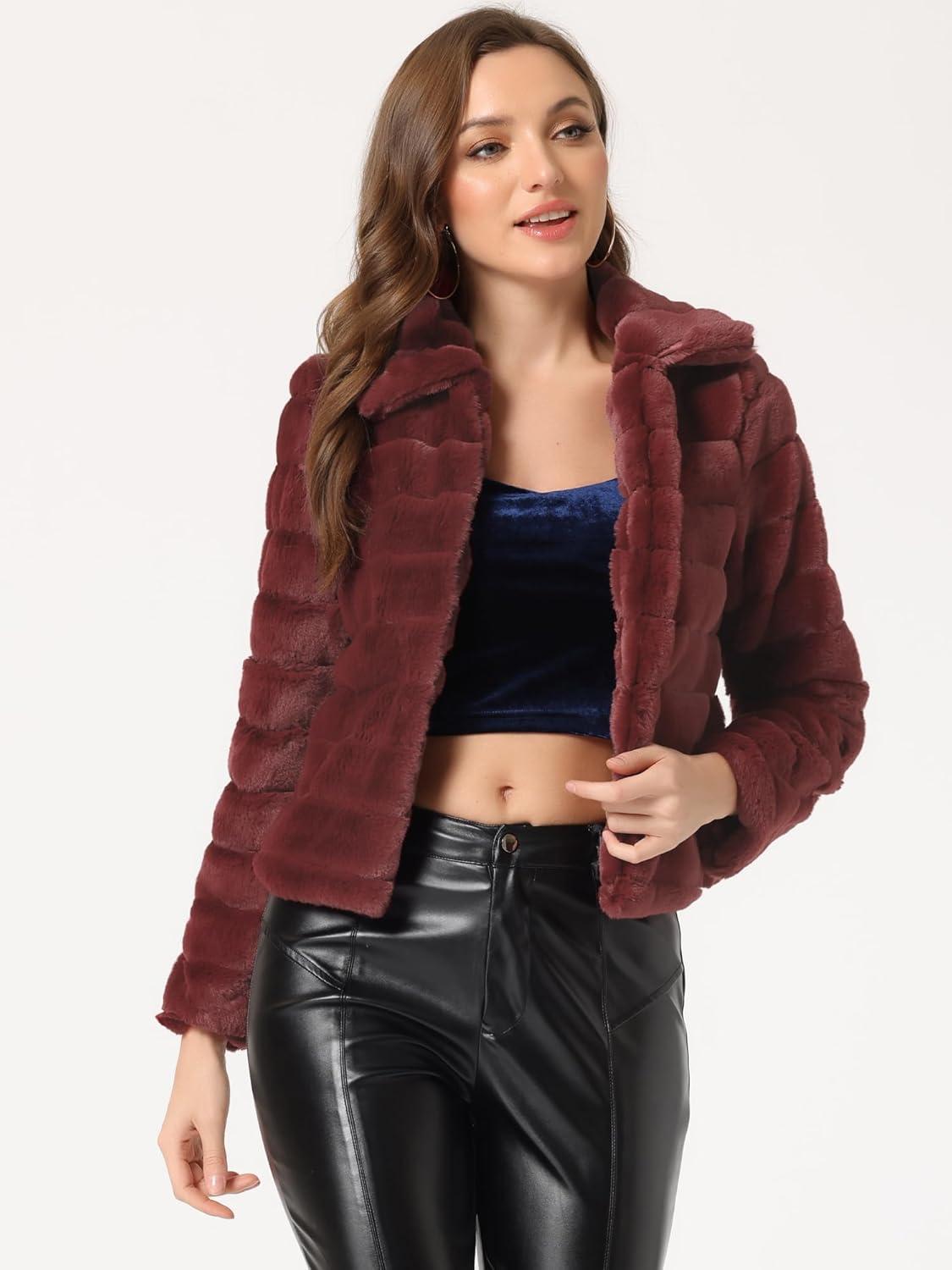 imageAllegra K Womens Faux Fur Fluffy Coat Collar 2025 Warm Winter Cropped JacketBurgundy