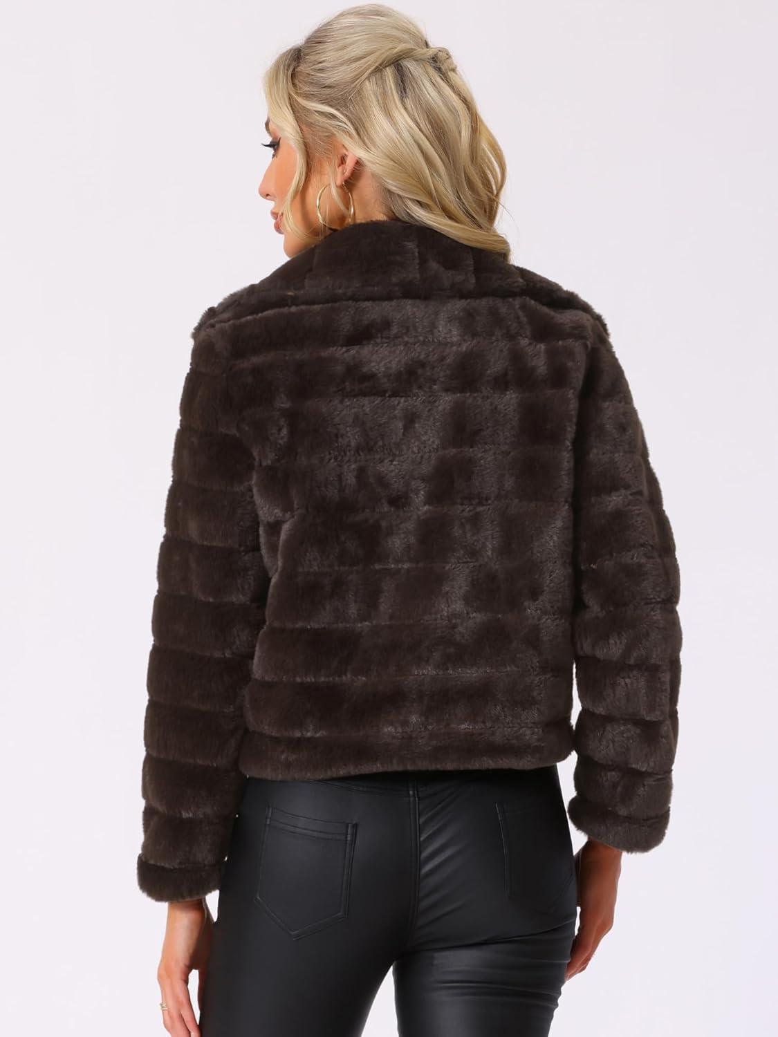 imageAllegra K Womens Faux Fur Fluffy Coat Collar 2025 Warm Winter Cropped JacketCoffee