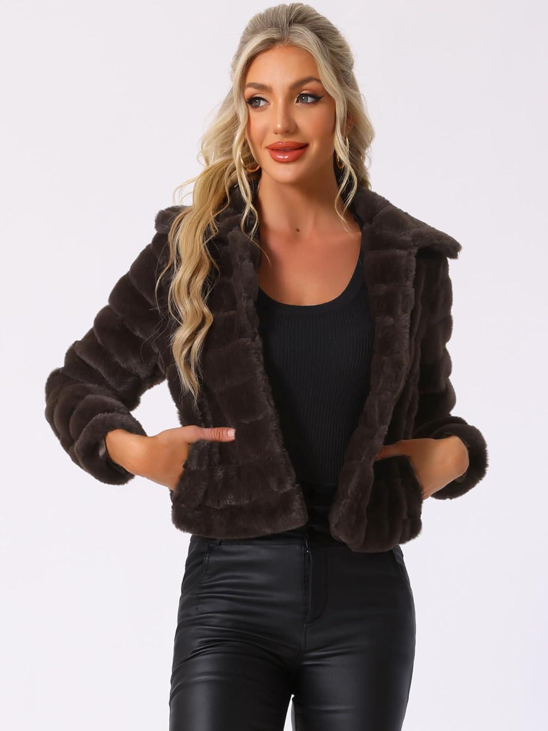 imageAllegra K Womens Faux Fur Fluffy Coat Collar 2025 Warm Winter Cropped JacketCoffee
