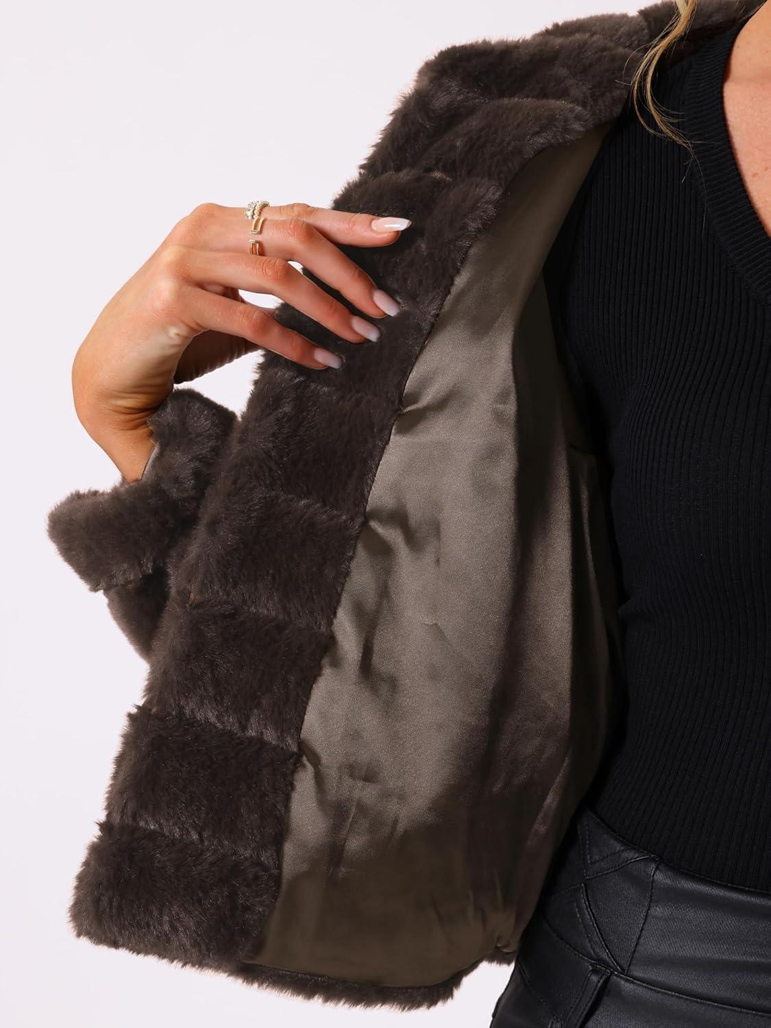 imageAllegra K Womens Faux Fur Fluffy Coat Collar 2025 Warm Winter Cropped JacketCoffee