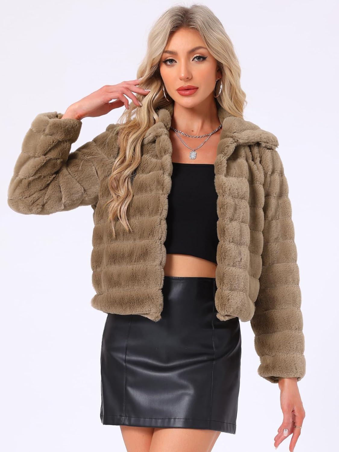 imageAllegra K Womens Faux Fur Fluffy Coat Collar 2025 Warm Winter Cropped JacketDark Khaki