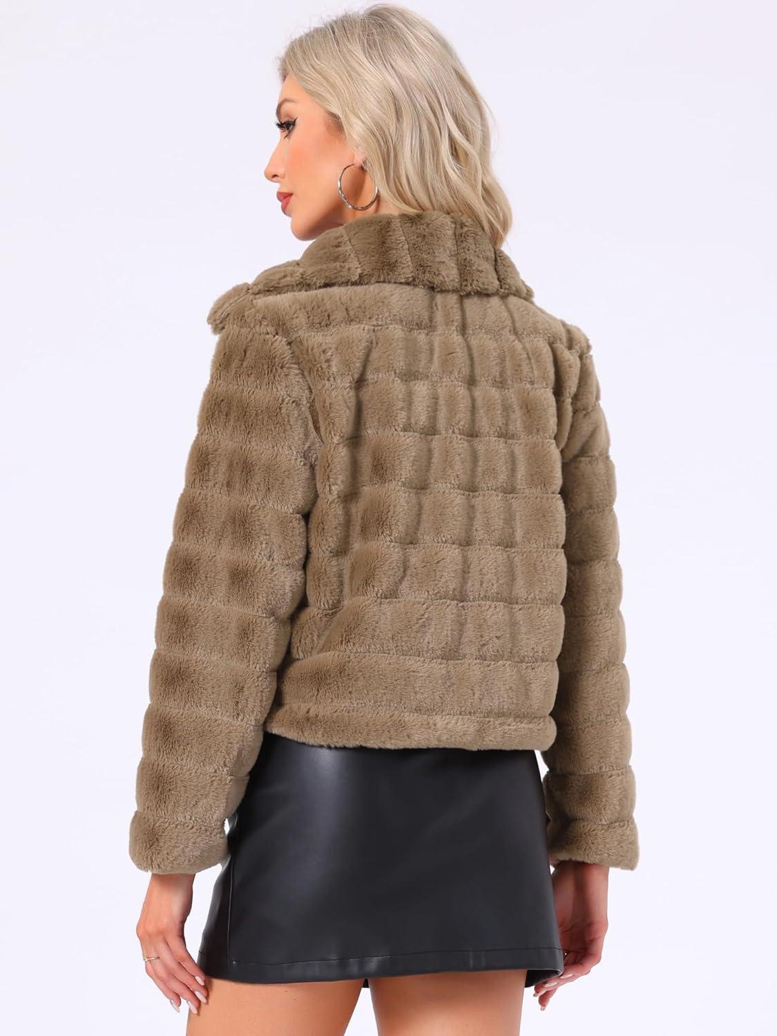 imageAllegra K Womens Faux Fur Fluffy Coat Collar 2025 Warm Winter Cropped JacketDark Khaki