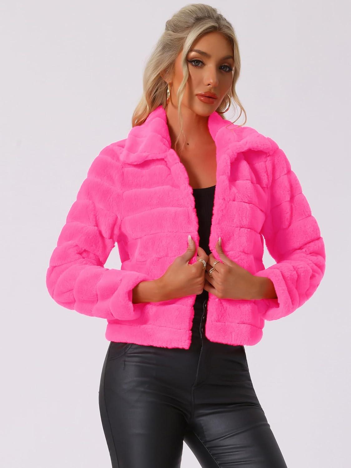 imageAllegra K Womens Faux Fur Fluffy Coat Collar 2025 Warm Winter Cropped JacketHot Pink