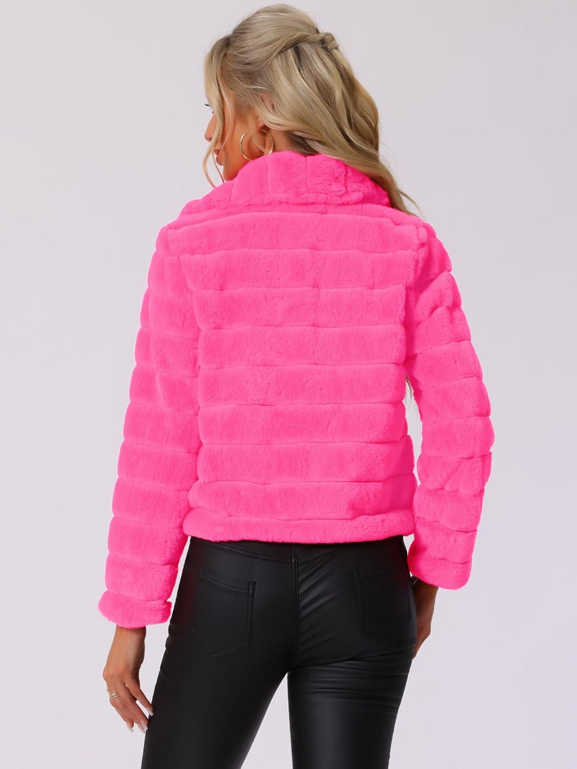 imageAllegra K Womens Faux Fur Fluffy Coat Collar 2025 Warm Winter Cropped JacketHot Pink