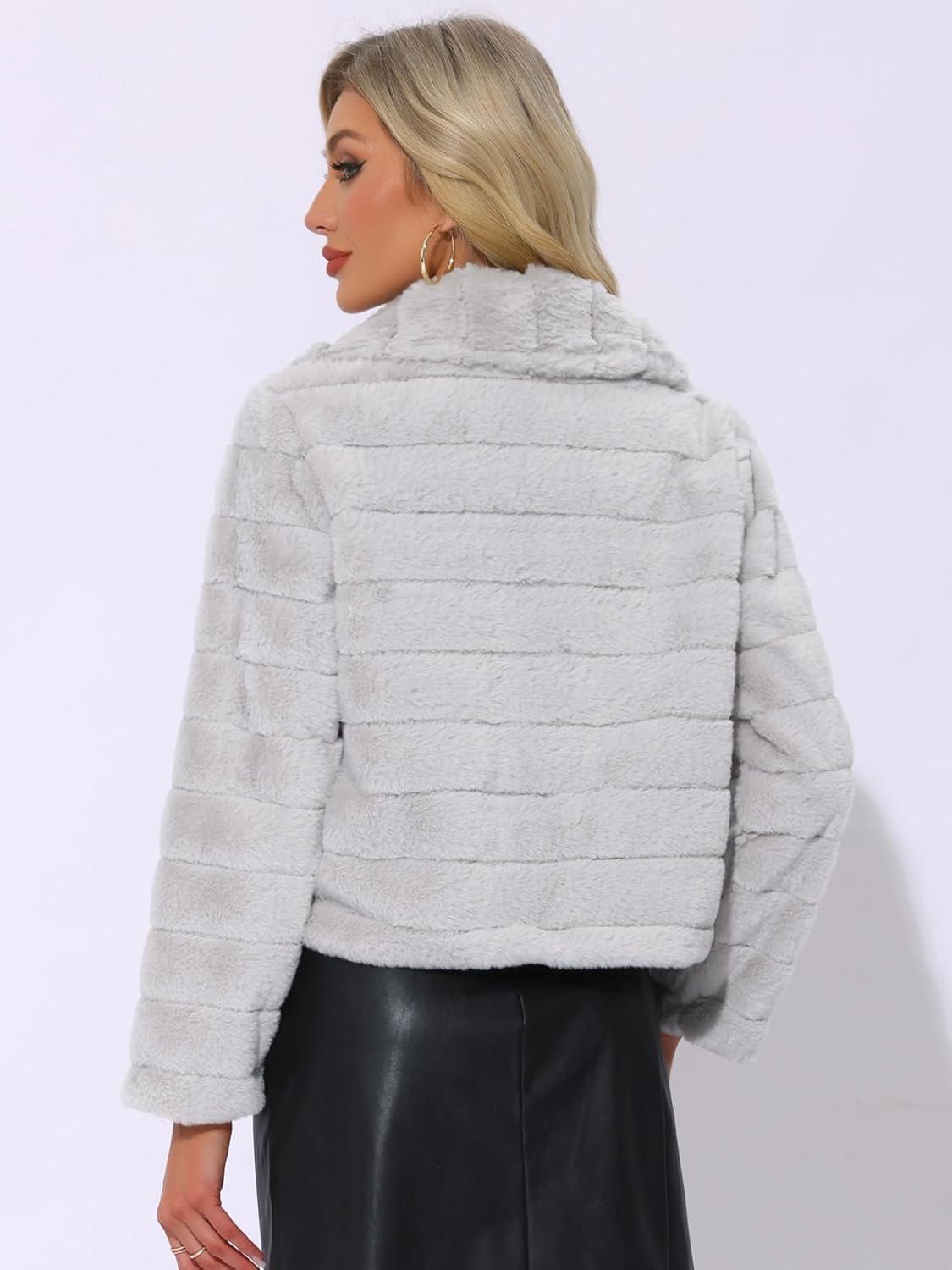 imageAllegra K Womens Faux Fur Fluffy Coat Collar 2025 Warm Winter Cropped JacketLight Gray