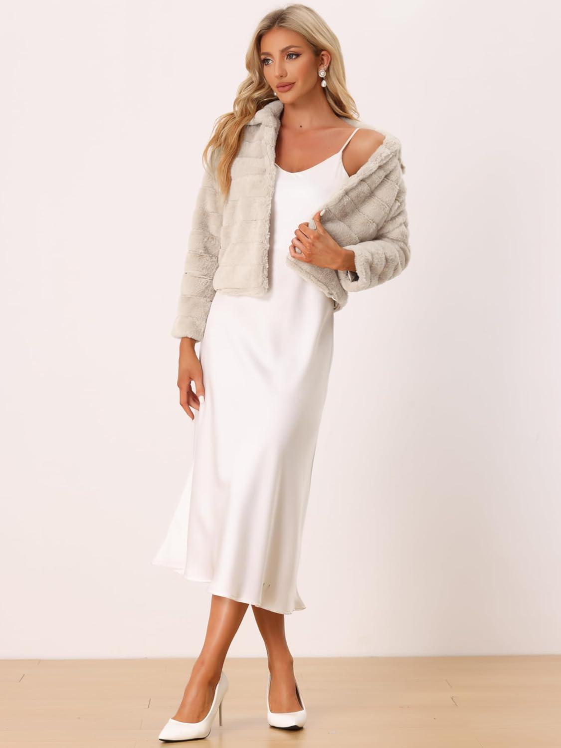 imageAllegra K Womens Faux Fur Fluffy Coat Collar 2025 Warm Winter Cropped JacketLight Khaki