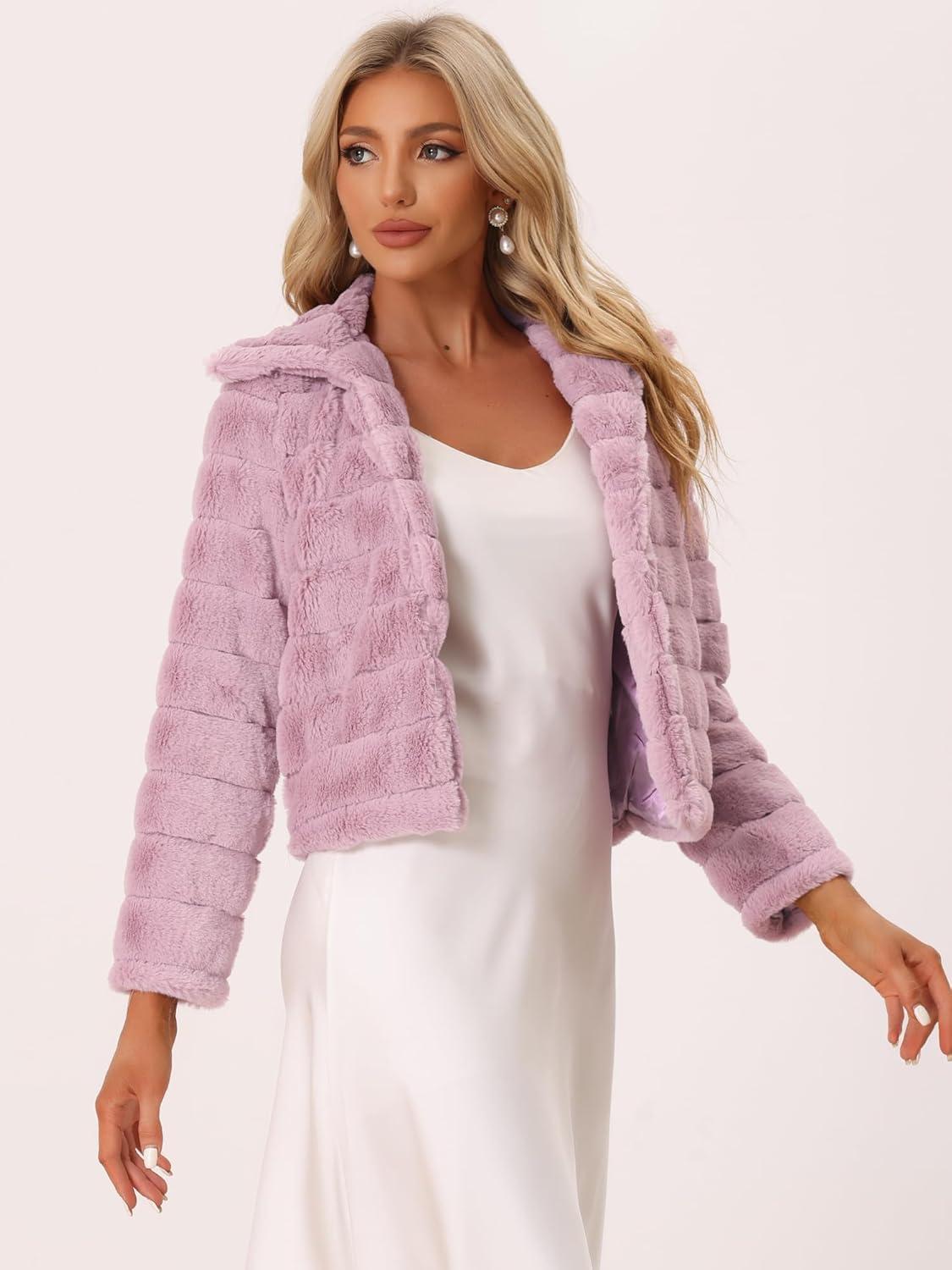imageAllegra K Womens Faux Fur Fluffy Coat Collar 2025 Warm Winter Cropped JacketPink