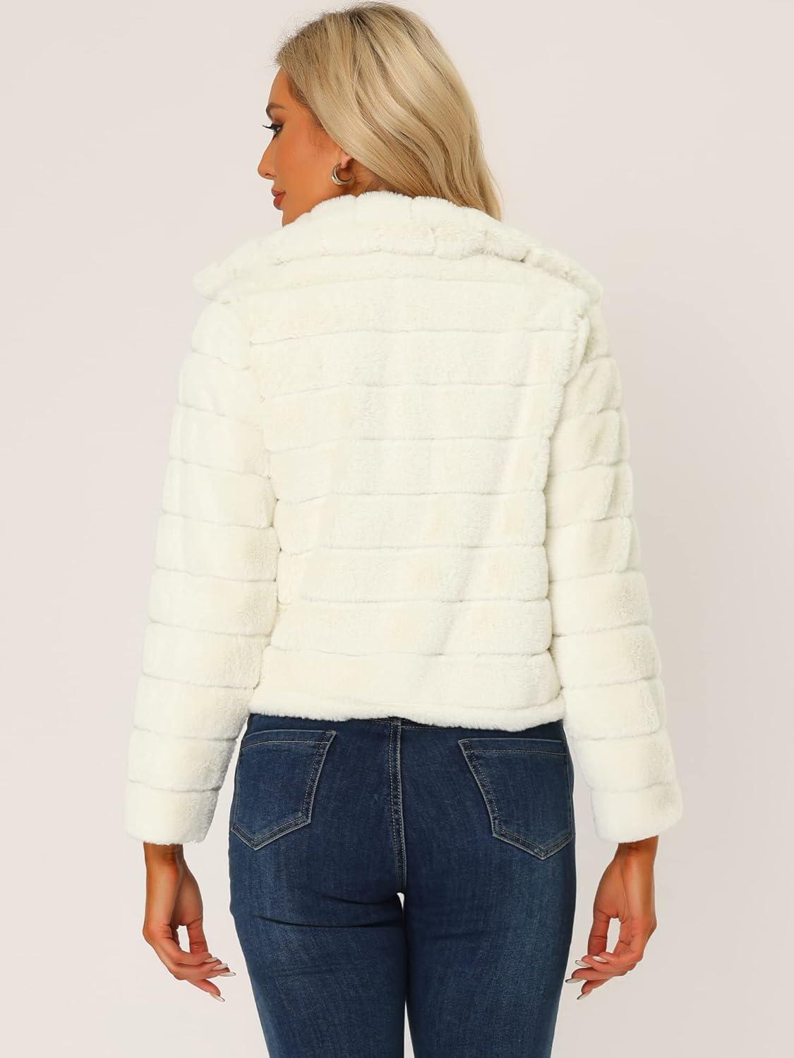 imageAllegra K Womens Faux Fur Fluffy Coat Collar 2025 Warm Winter Cropped JacketWhite