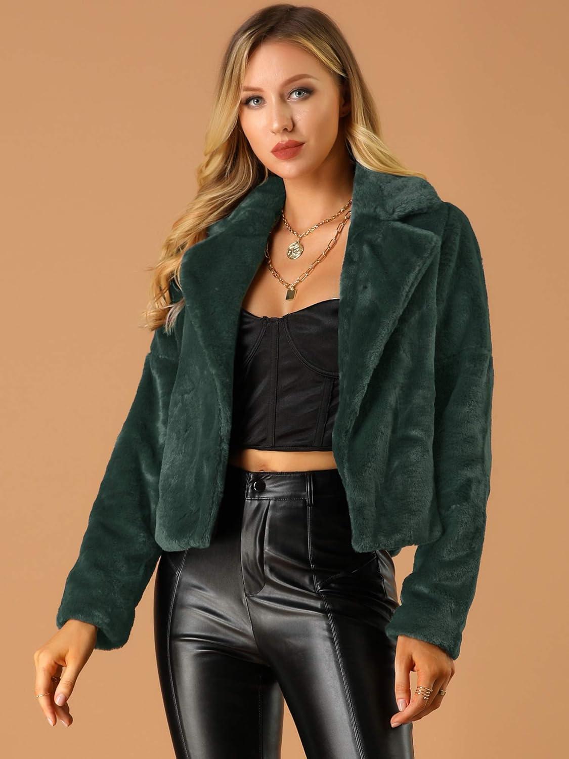 imageAllegra K Womens Winter Wedding Faux Fur Bolero Jacket Loose Formal Faux Fur CoatDark Green
