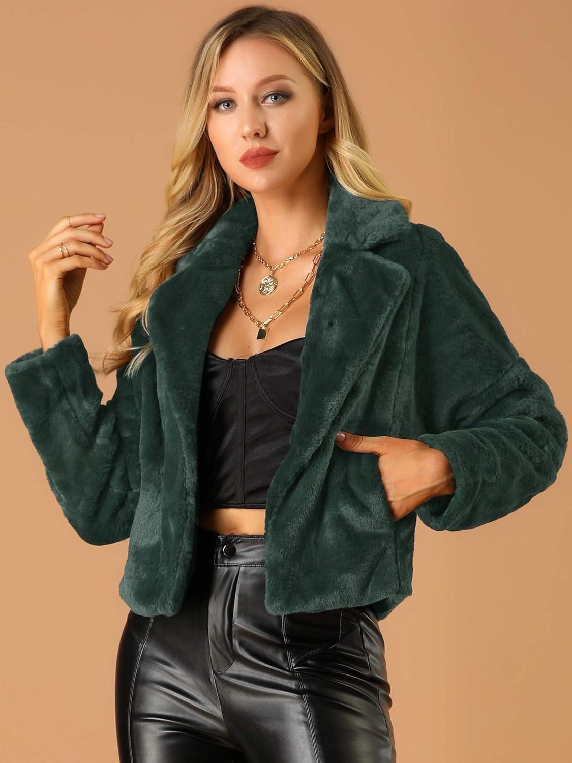 imageAllegra K Womens Winter Wedding Faux Fur Bolero Jacket Loose Formal Faux Fur CoatDark Green