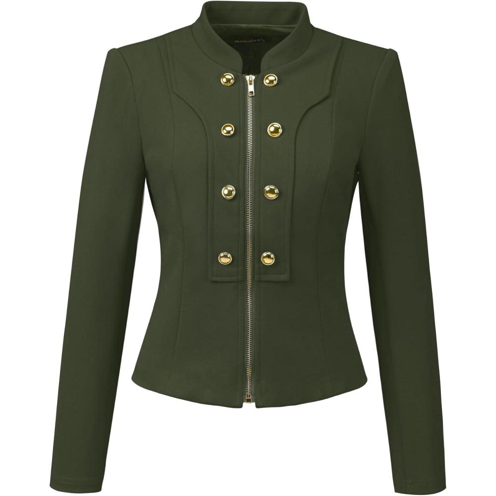 imageAllegra K Vintage Jacket for Womens Steampunk Button Decor Casual Zip Up Crop JacketArmy Green