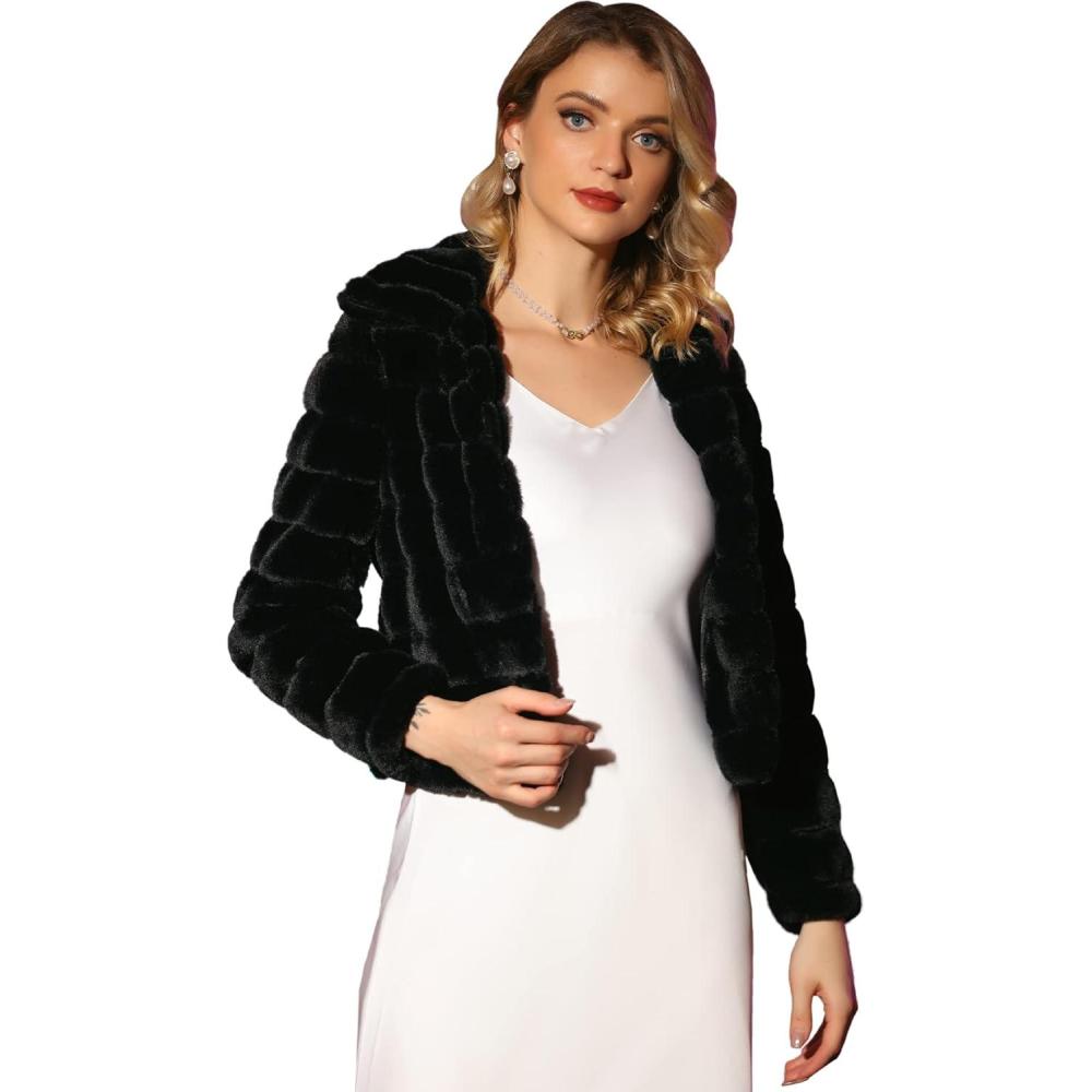 imageAllegra K Womens Faux Fur Fluffy Coat Collar 2025 Warm Winter Cropped JacketBlack