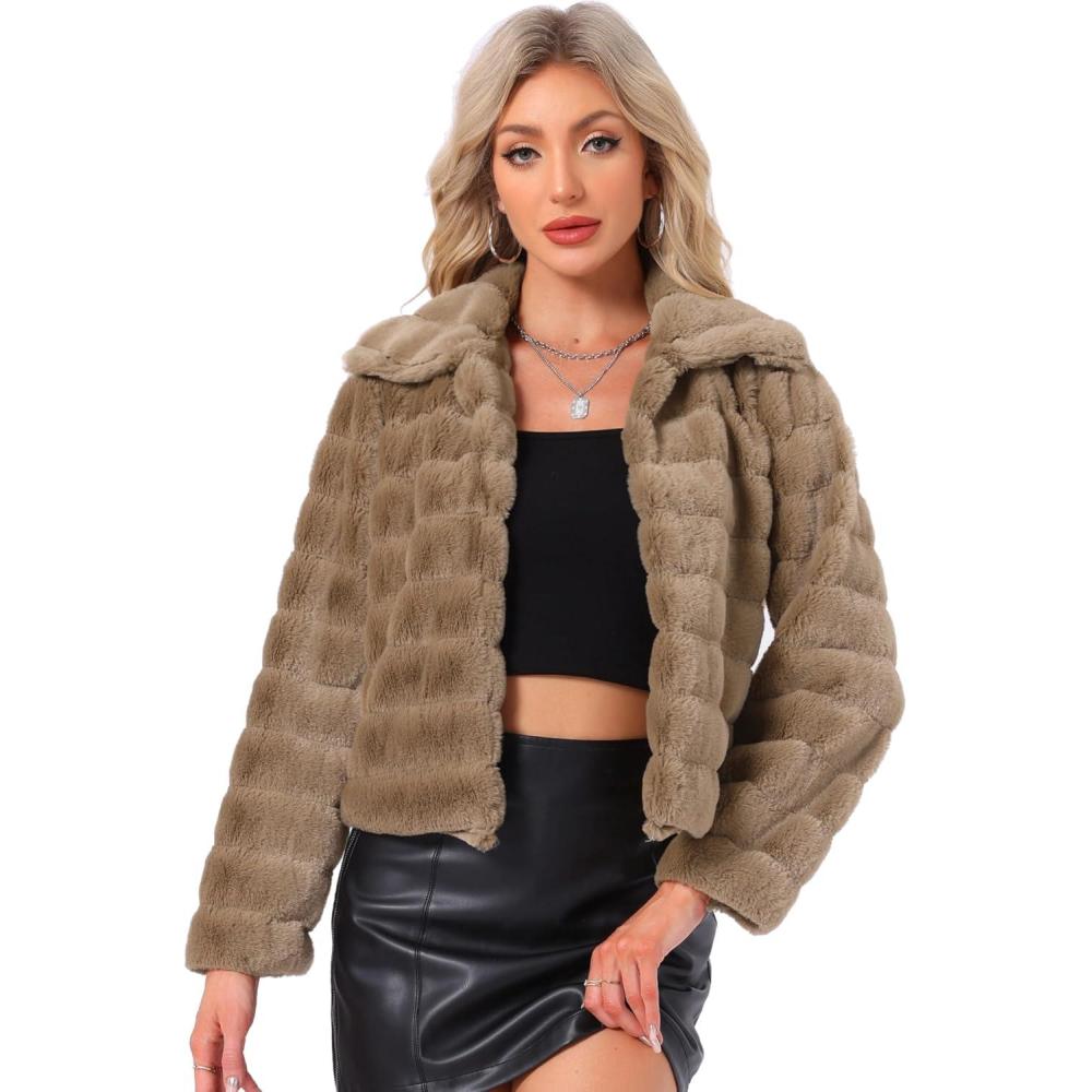 imageAllegra K Womens Faux Fur Fluffy Coat Collar 2025 Warm Winter Cropped JacketDark Khaki