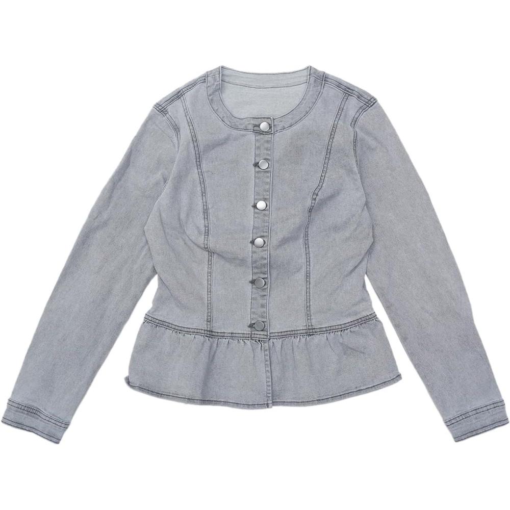 imageAllegra K Womens Peplum Denim Jackets Collarless Round Neck Button Down Cropped Ruffle Hem JacketGray