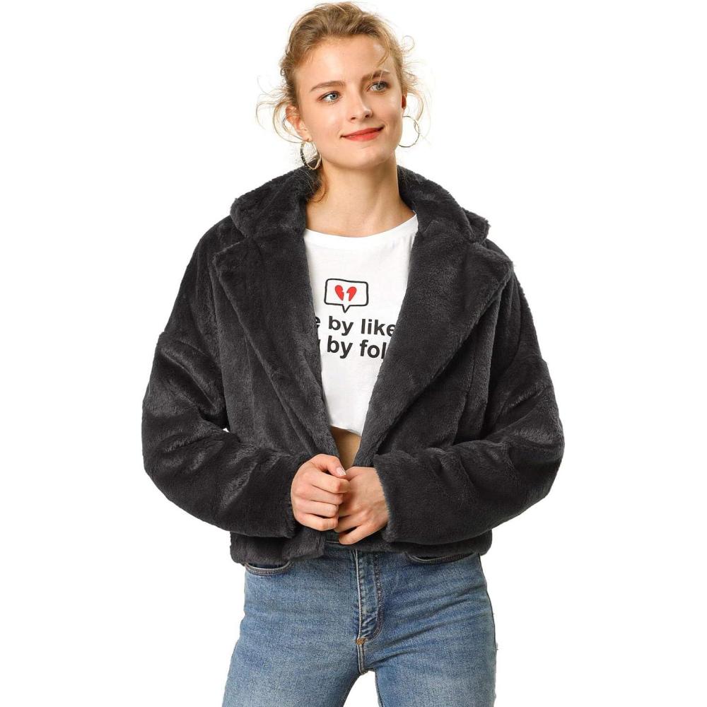 imageAllegra K Womens Winter Wedding Faux Fur Bolero Jacket Loose Formal Faux Fur CoatBlack