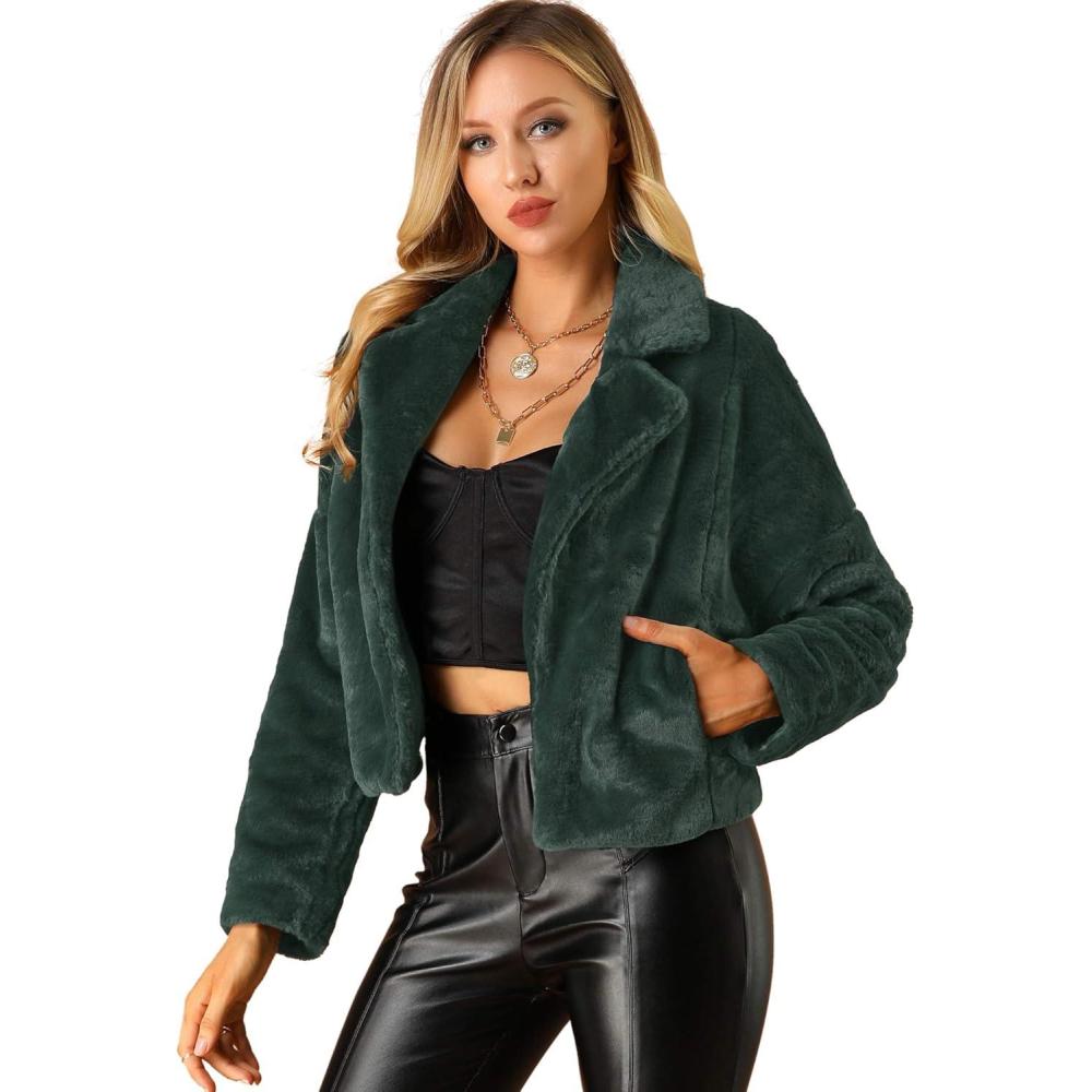 imageAllegra K Womens Winter Wedding Faux Fur Bolero Jacket Loose Formal Faux Fur CoatDark Green