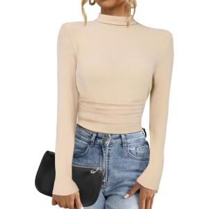 imageAllegra K Sweaters for Women Mock Turtleneck Long Sleeve Fitted Tee Casual Pullover Tops Fashion Clothes 2025 Fall OutfitsKhaki