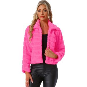 imageAllegra K Womens Faux Fur Fluffy Coat Collar 2025 Warm Winter Cropped JacketHot Pink