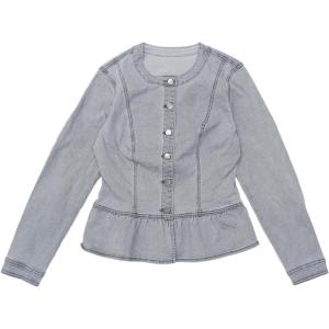 imageAllegra K Womens Peplum Denim Jackets Collarless Round Neck Button Down Cropped Ruffle Hem JacketGray