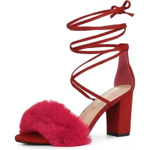 imageAllegra K Womens Faux Fur Lace Up Strappy Chunky Heels SandalsRed