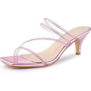imageAllegra K Womens Rhinestone Strappy Kitten Heel Slide Heels SandalsPink