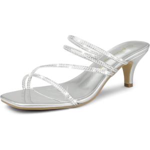imageAllegra K Womens Rhinestone Strappy Kitten Heel Slide Heels SandalsSilver