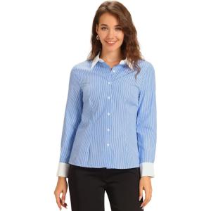 imageAllegra K Striped Shirt for Women Long Sleeve Collared Fitted Button Down Office Work Tops Blouses