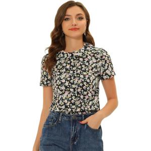 imageAllegra K Womens Peter Pan Collar Shirts Button Front Vintage Floral Blouse TopBlack