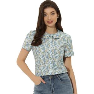 imageAllegra K Womens Peter Pan Collar Shirts Button Front Vintage Floral Blouse TopBlue