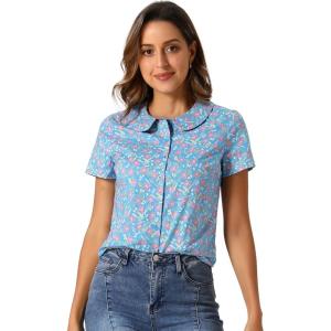 imageAllegra K Womens Peter Pan Collar Shirts Button Front Vintage Floral Blouse TopBlue Gray