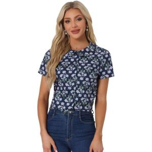imageAllegra K Womens Peter Pan Collar Shirts Button Front Vintage Floral Blouse TopDark Blue