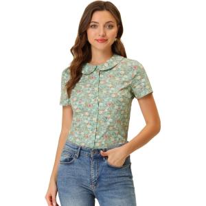 imageAllegra K Womens Peter Pan Collar Shirts Button Front Vintage Floral Blouse TopGreen