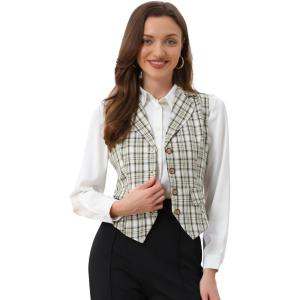 imageAllegra K Womens Plaid Waistcoat Notched Lapel Collar Single Breasted Vintage VestBeige White
