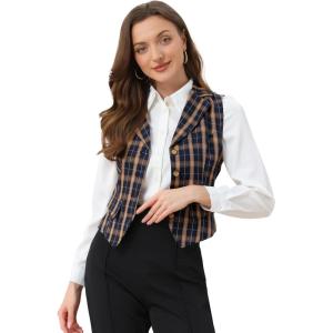imageAllegra K Womens Plaid Waistcoat Notched Lapel Collar Single Breasted Vintage VestBlue Orange
