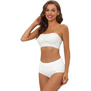 imageAllegra K Womens Bandeau Bra Set Removable Straps Wirefree NonSlip Top Front Buckles Strapless Bra and PantyWhite